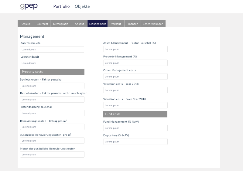 Screenshot der Management Eingabemaske - gepep